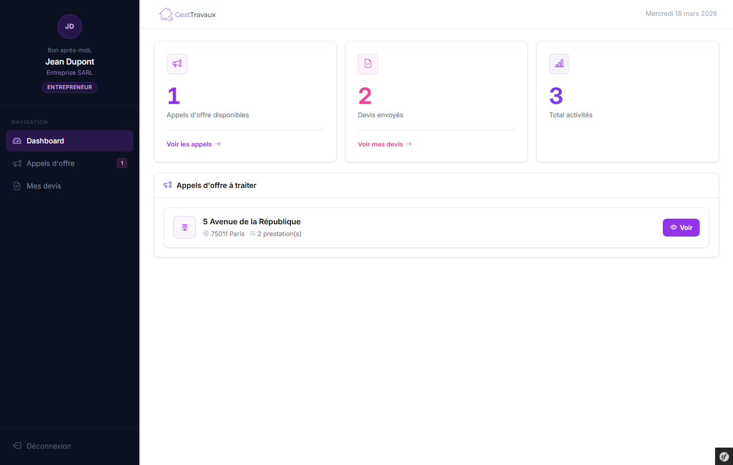 Profil entrepreneur GestTravaux